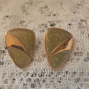 Monet Gold Tone Geometric Triangle Clip-On Earrings Olive Green Signed